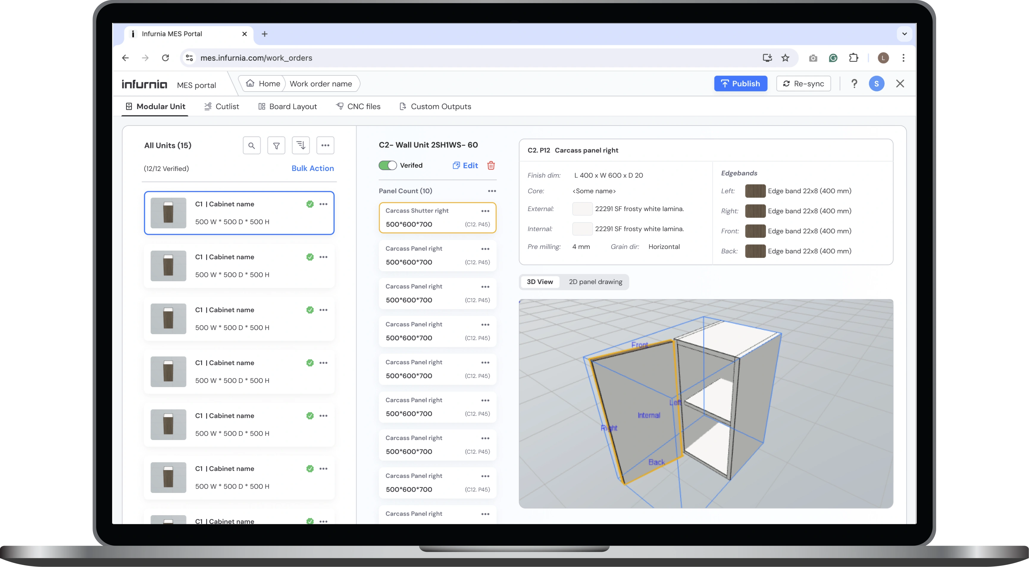 Infurnia MES Portal — Modular Unit list and 3D panel drawing view