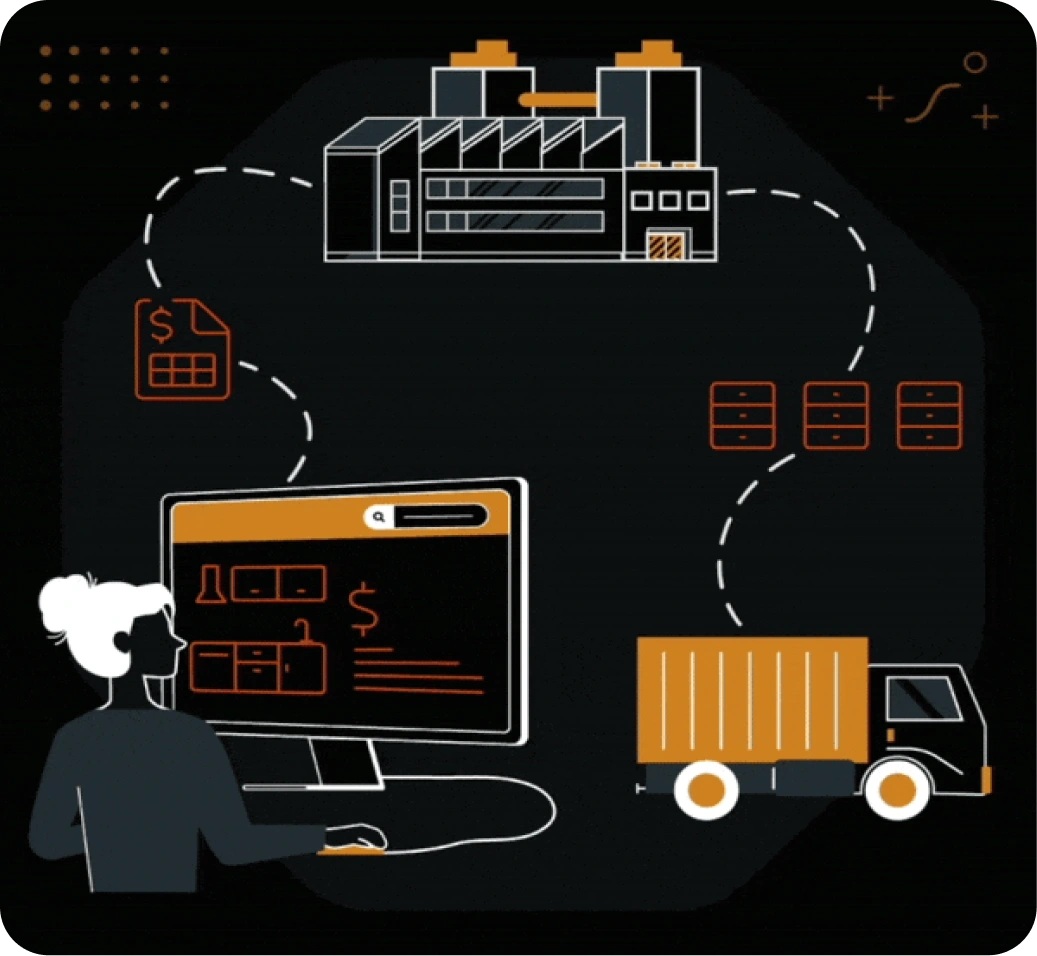 Illustration: designer at computer, factory and delivery truck icons