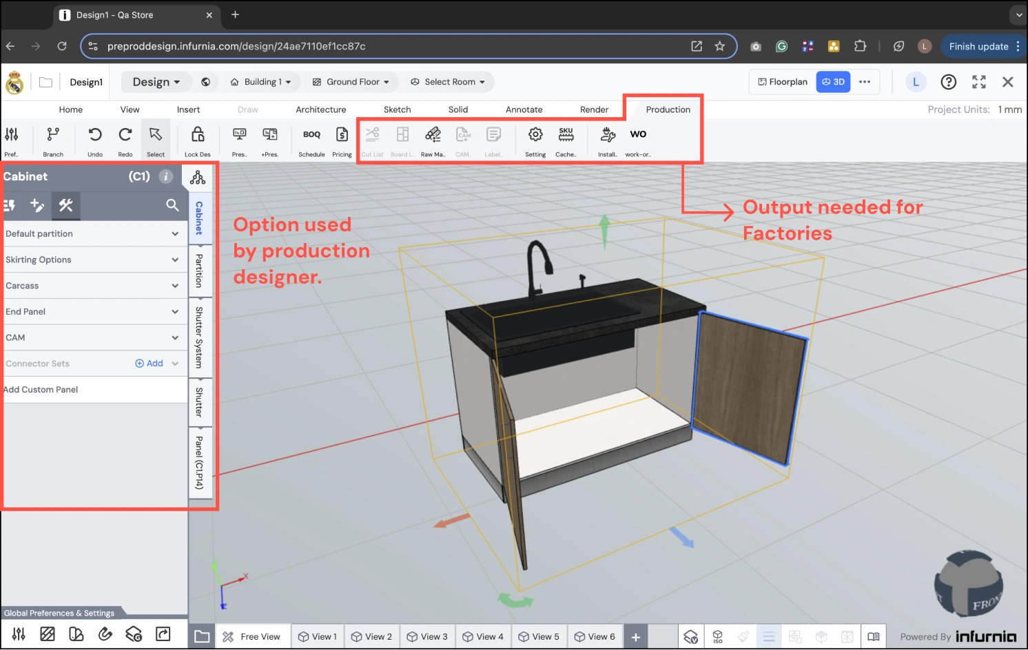 DesignX portal screenshot — 3D cabinet view with Option used by production designer / Output needed for Factories callouts