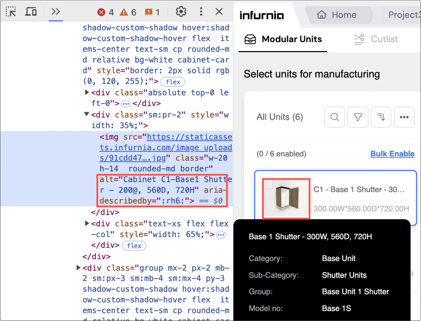 Code editor showing alt text implementation + Modular Units screen