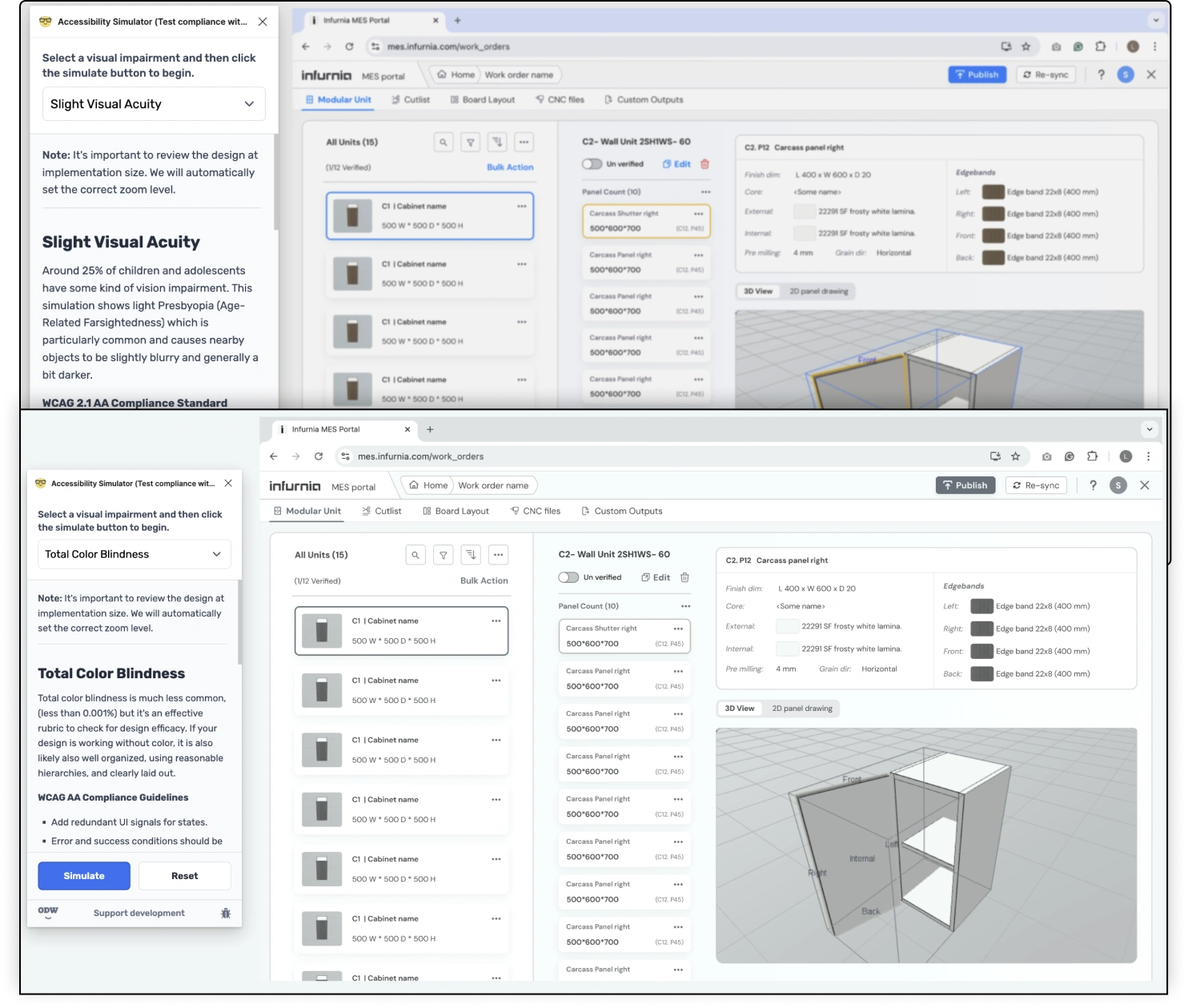 Grayscale & color-blind simulation screenshots of Security Central / MES screens