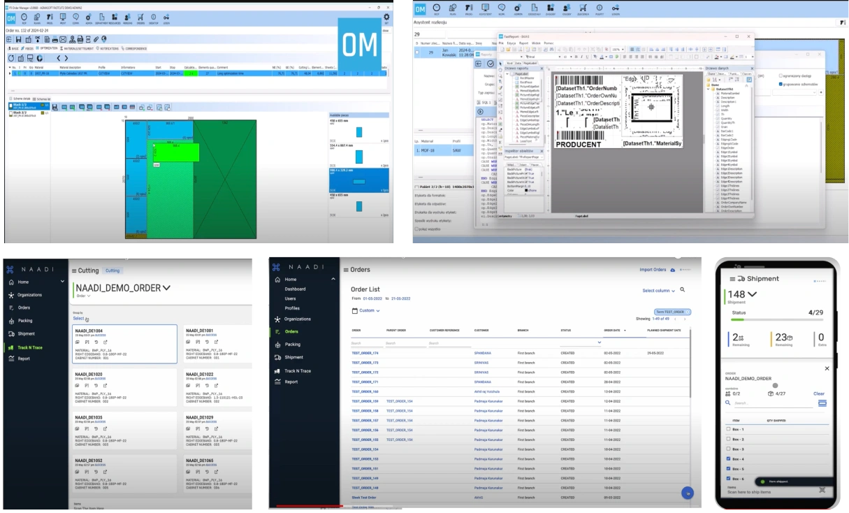 4 screenshots of 2020Insights / Homag / 3Tec software interfaces