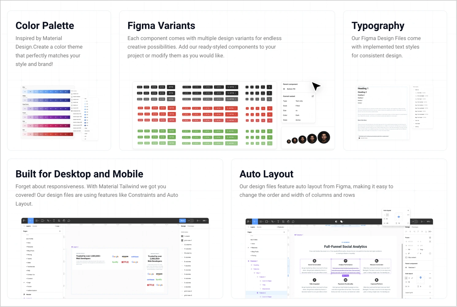 Material Tailwind Design System showcase: Color Palette, Figma Variants, Typography, Built for Desktop and Mobile, Auto Layout