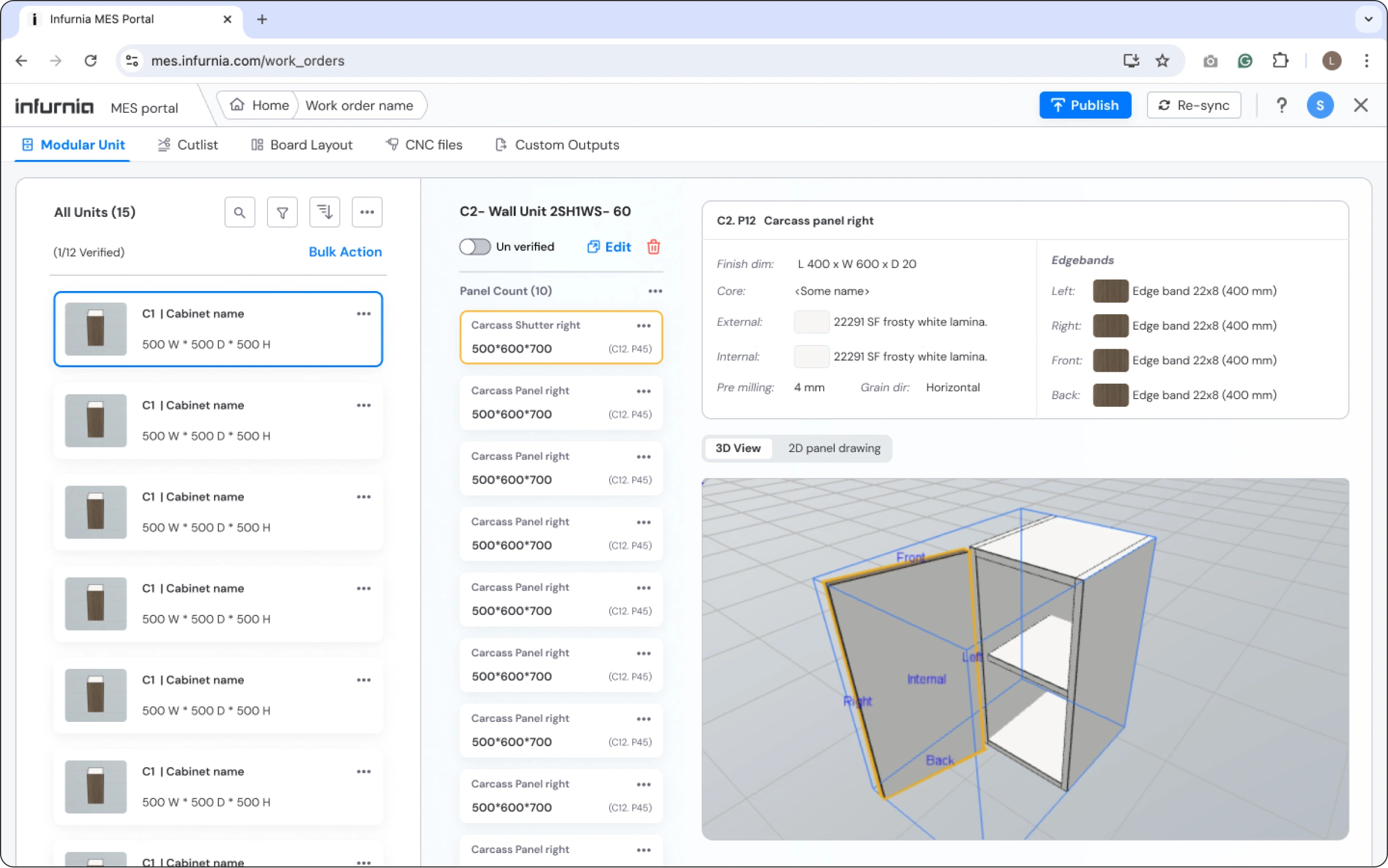 Final redesigned Infurnia MES Portal: one canvas, bigger 2D/3D viewport