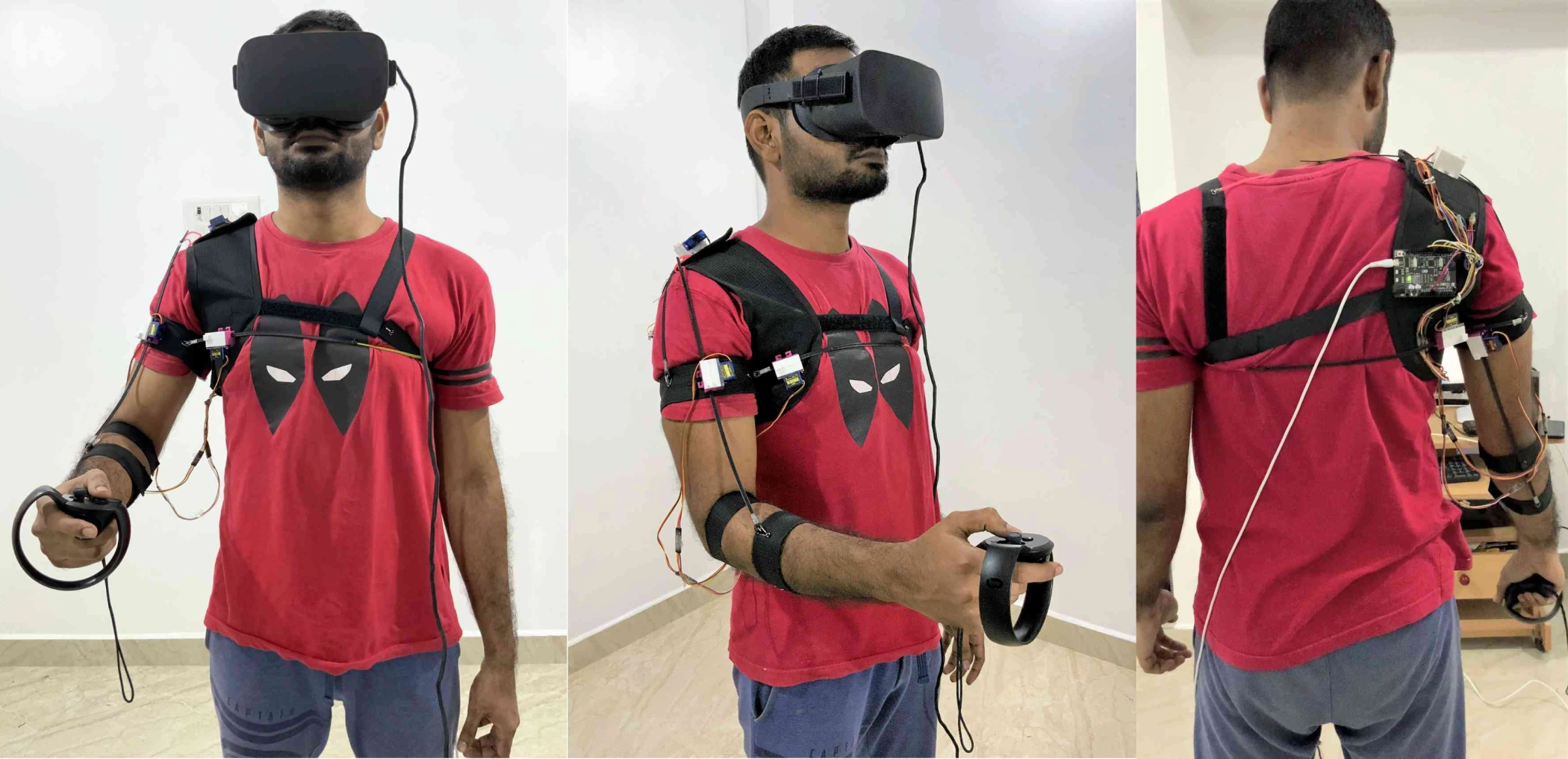 Hero shot: device worn on right arm, front view, arm raised