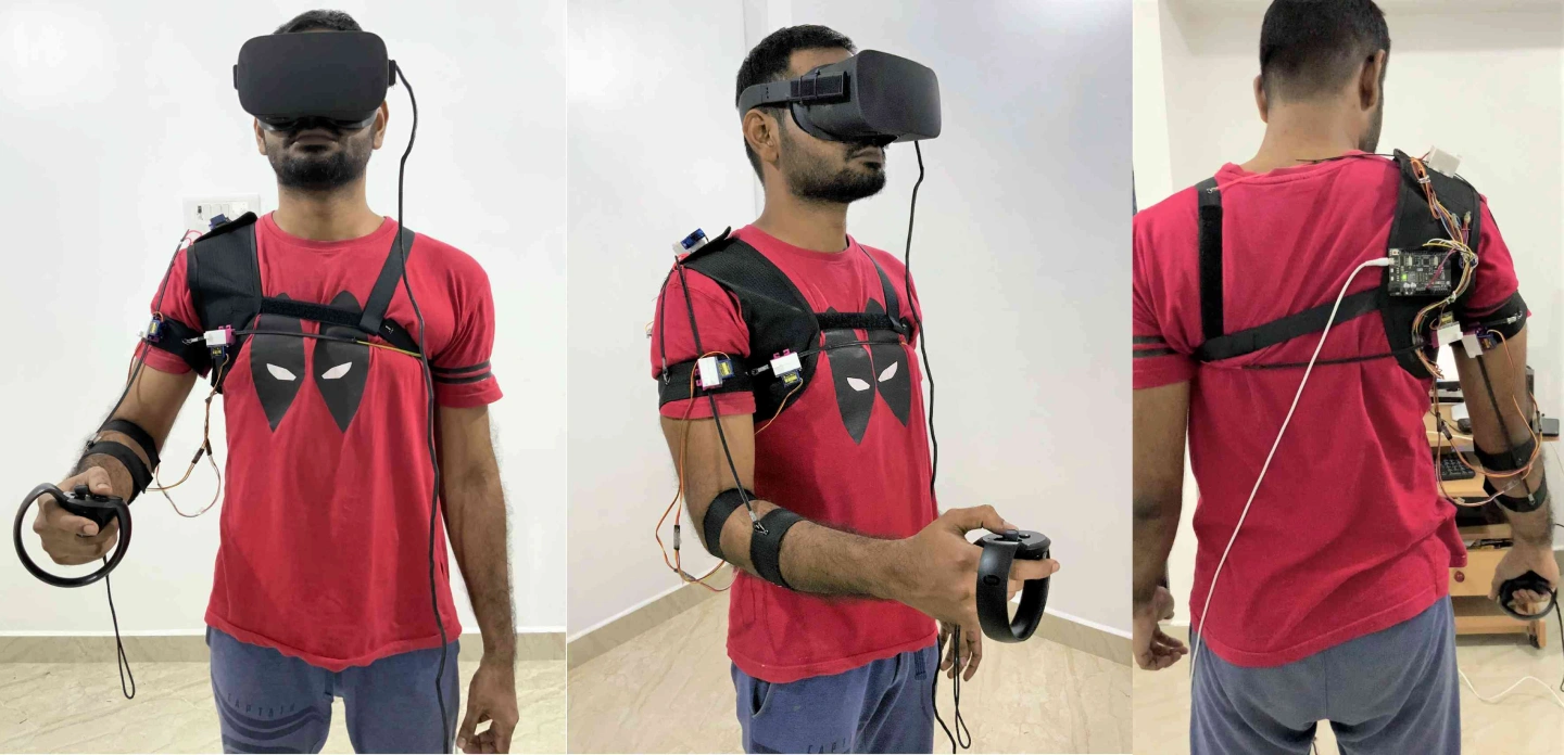 Device worn, front, holding controller