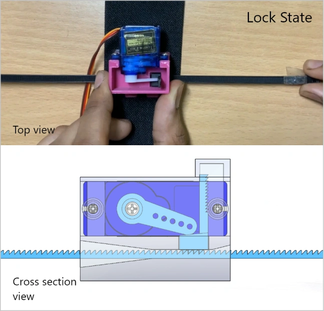 Servo locked, top view + cross section