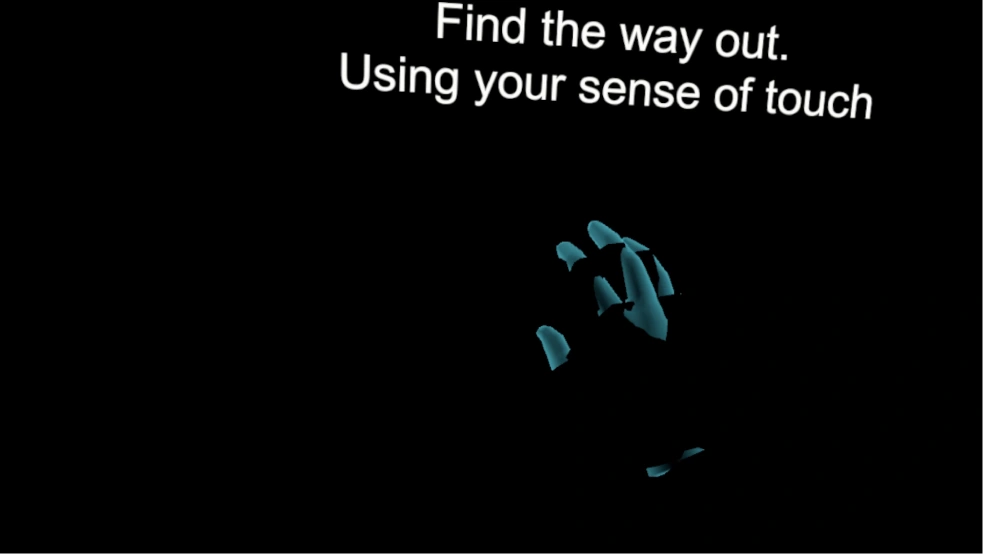 Dark scene, glowing hand touching a surface