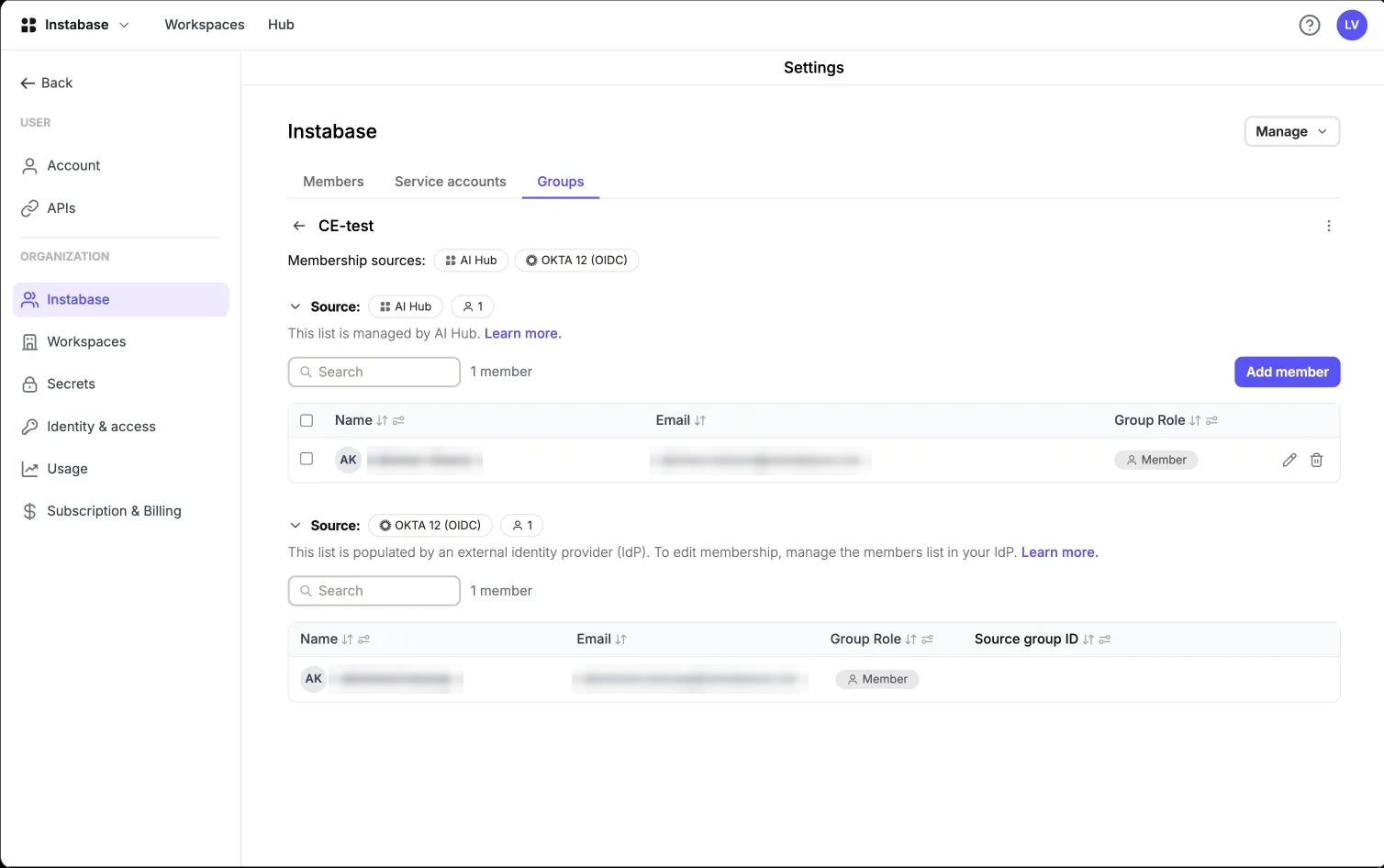An AI Hub group showing two membership sources, AI Hub and Okta OIDC, each listing its members separately with the source group ID