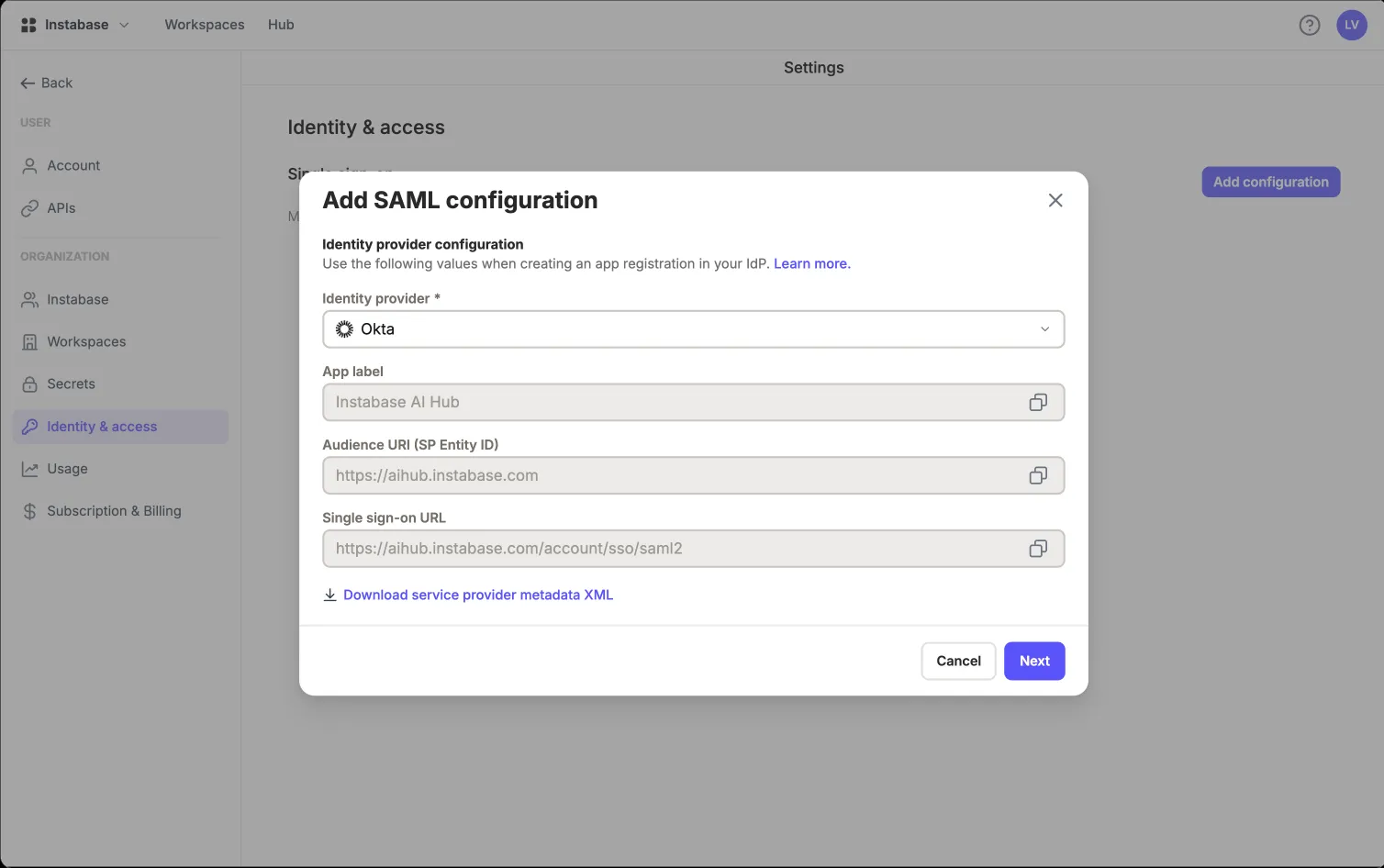SSO: SAML config step 1
