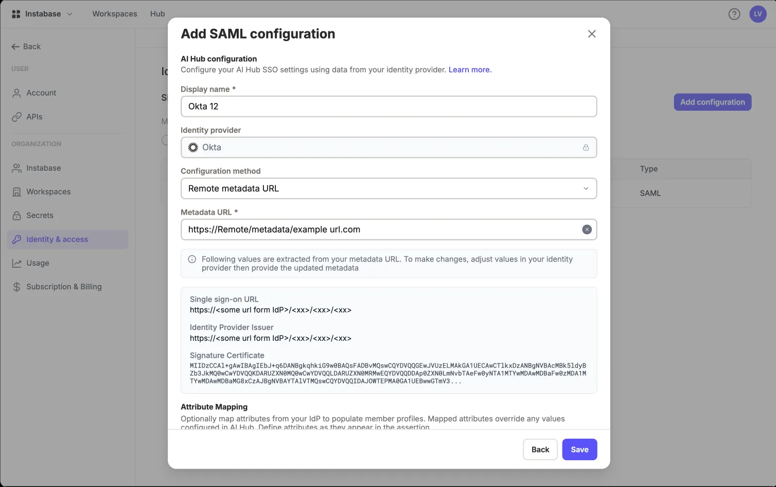 Add SAML configuration dialog in AI Hub, with identity provider set to Okta, a remote metadata URL, and the single sign-on URL, issuer and signing certificate extracted from that metadata