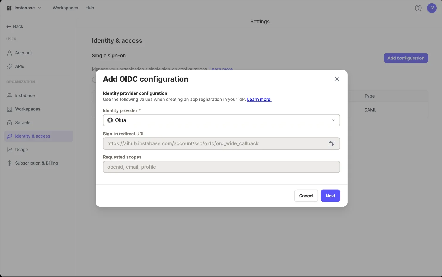 SSO: OIDC config step 1