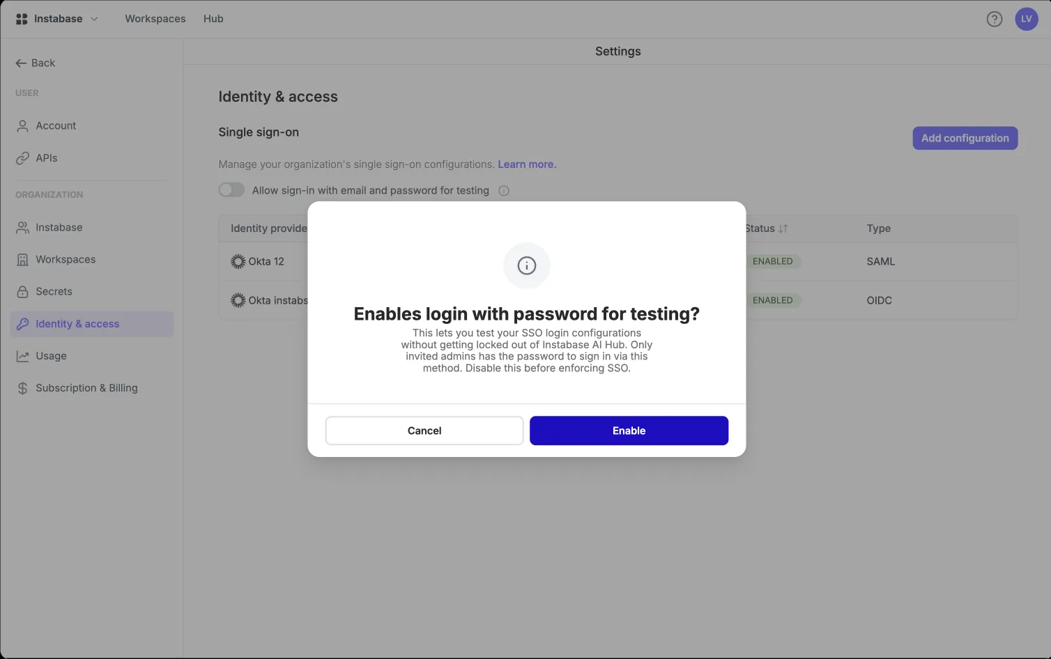 SSO: test modal