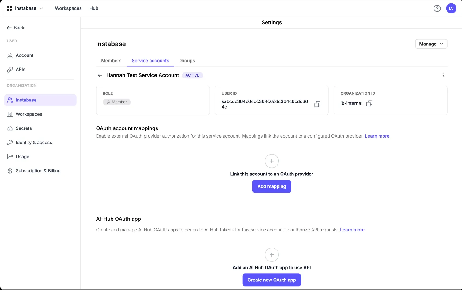 Stage 2: service account page