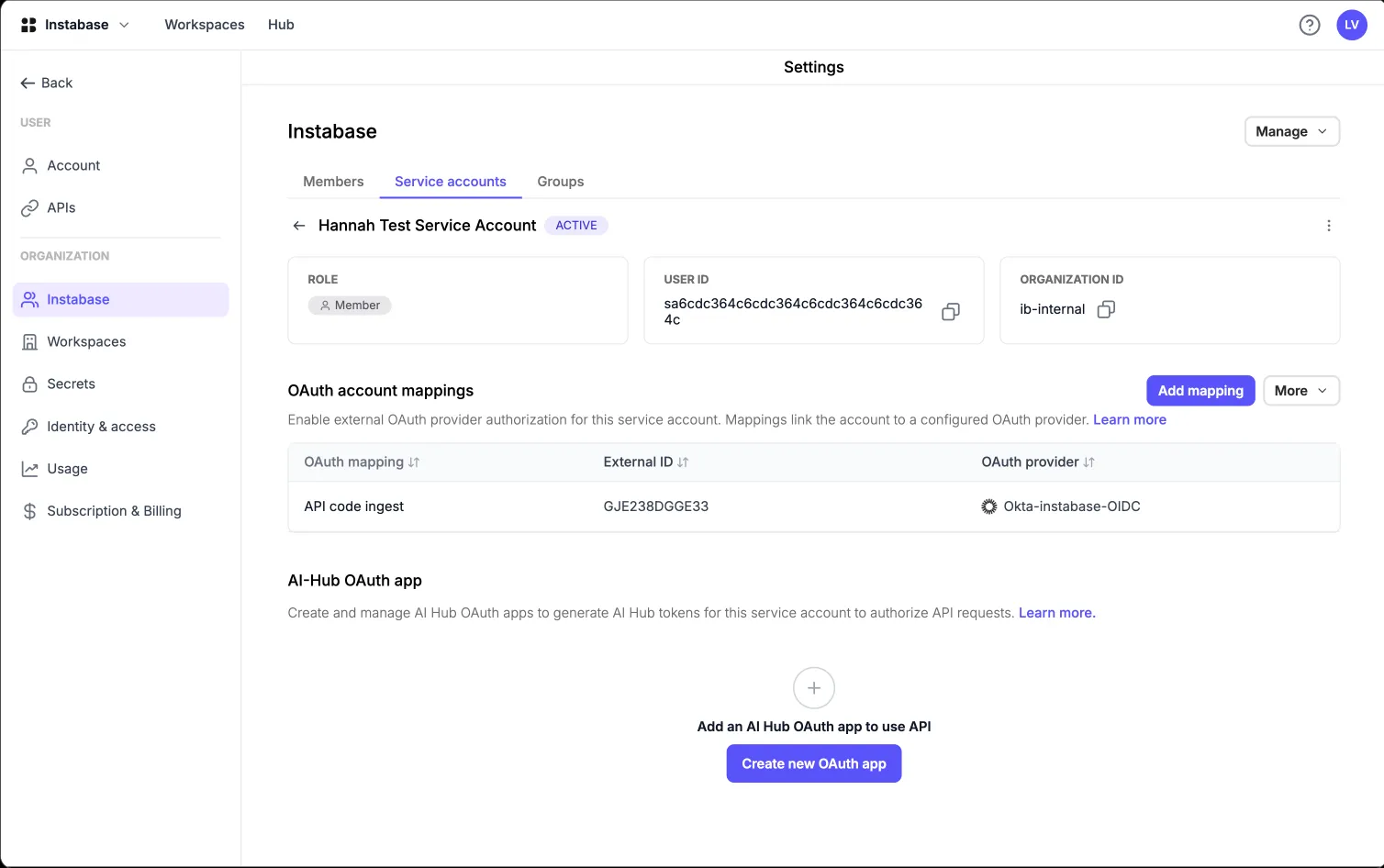 A service account page in AI Hub showing its role, user ID and organisation ID, with an OAuth account mapping linking an external ID to the configured Okta OIDC provider
