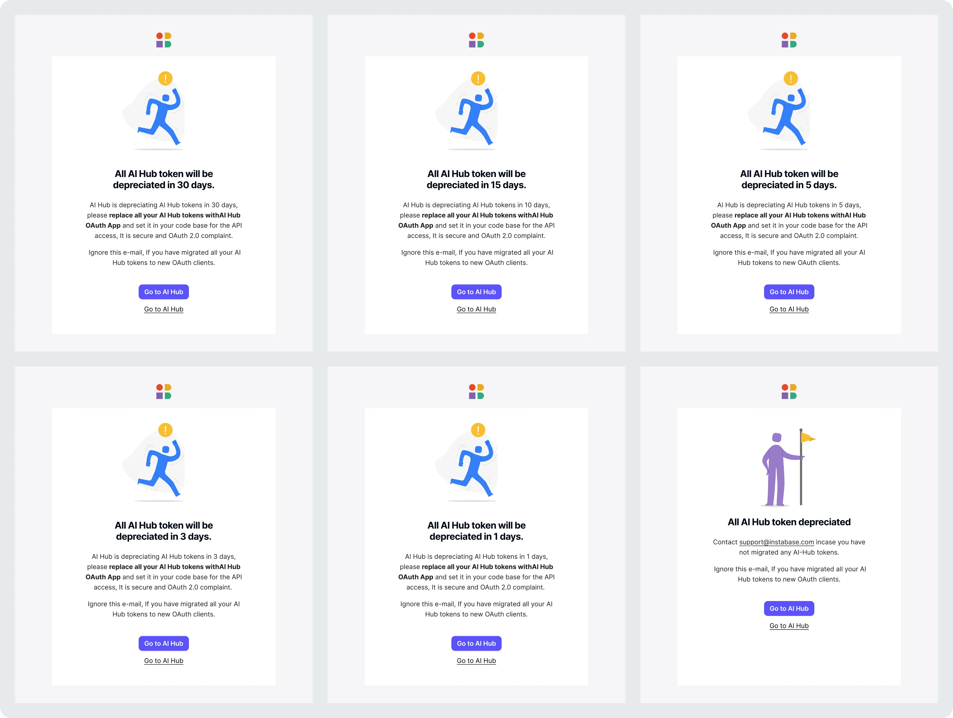 Deprecation warning emails and token migration notifications