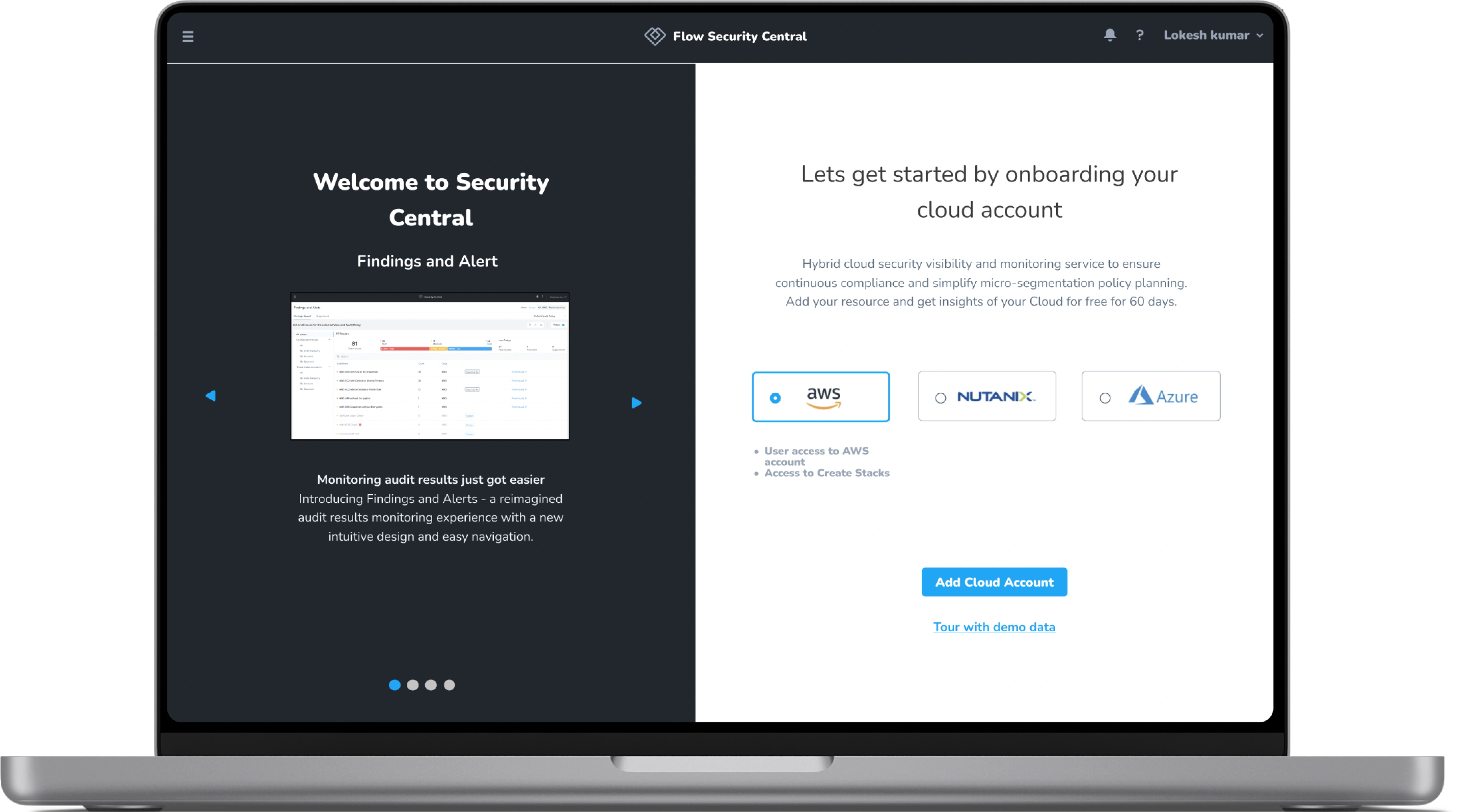 Laptop mockup of "Welcome to Security Central" onboarding carousel + "Lets get started by onboarding your cloud account" (AWS/Nutanix/Azure selection)