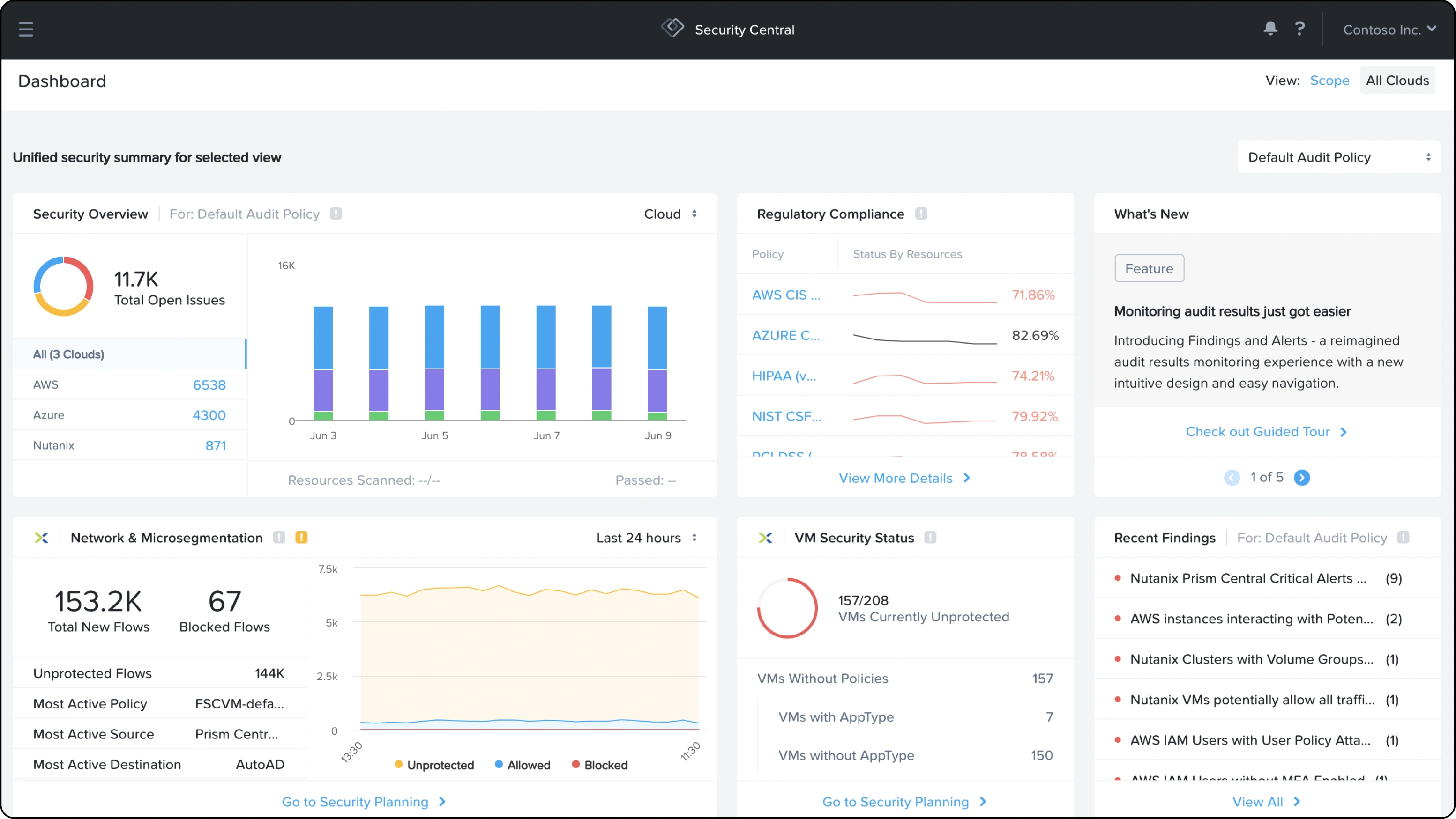 Security Central dashboard screenshot (Security Overview, Regulatory Compliance, Network & Microsegmentation, VM Security Status, Recent Findings panels)