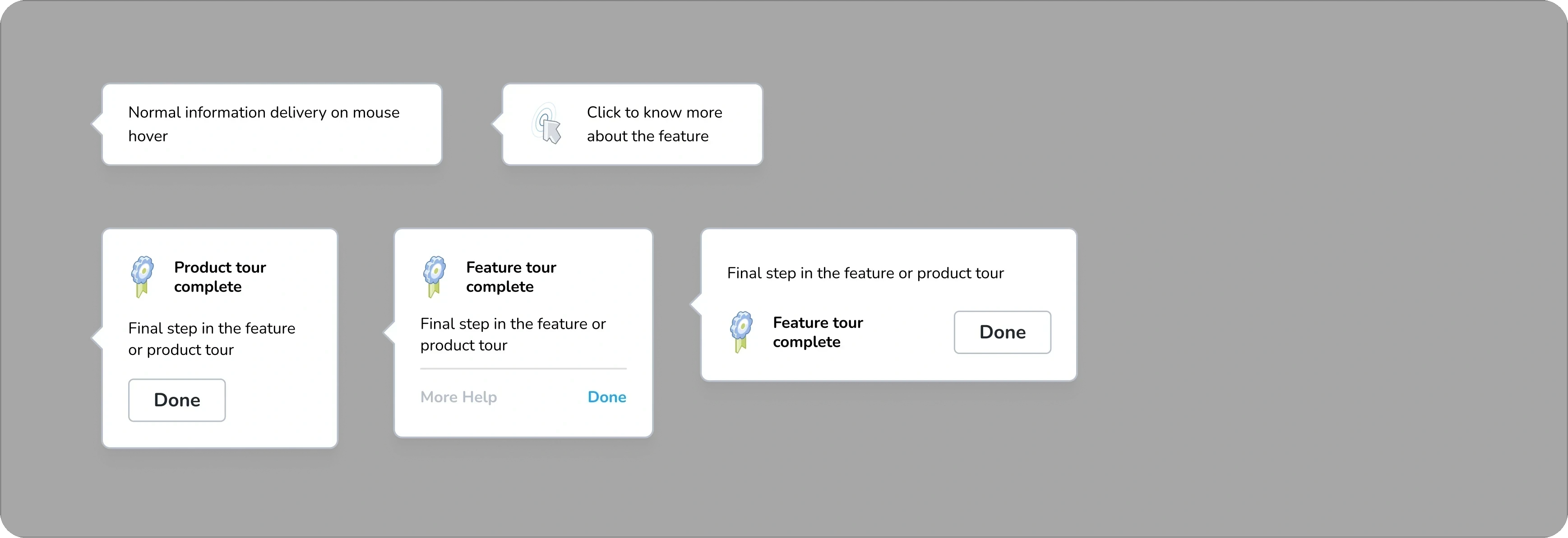 Tooltip & milestone popup mockups (hover info, "Product tour complete", "Feature tour complete" with Done/More Help buttons)