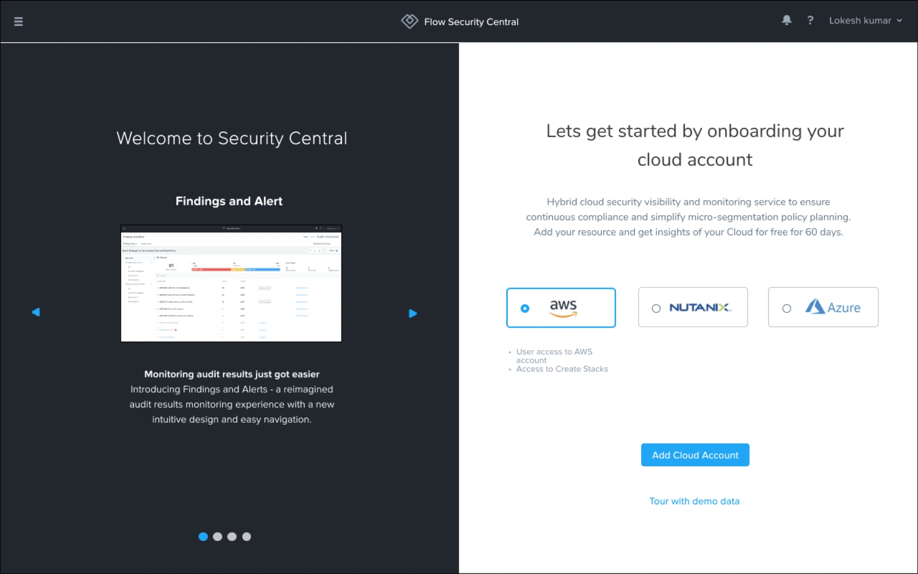 Redesigned "Welcome to Security Central" + "Lets get started by onboarding your cloud account" screen