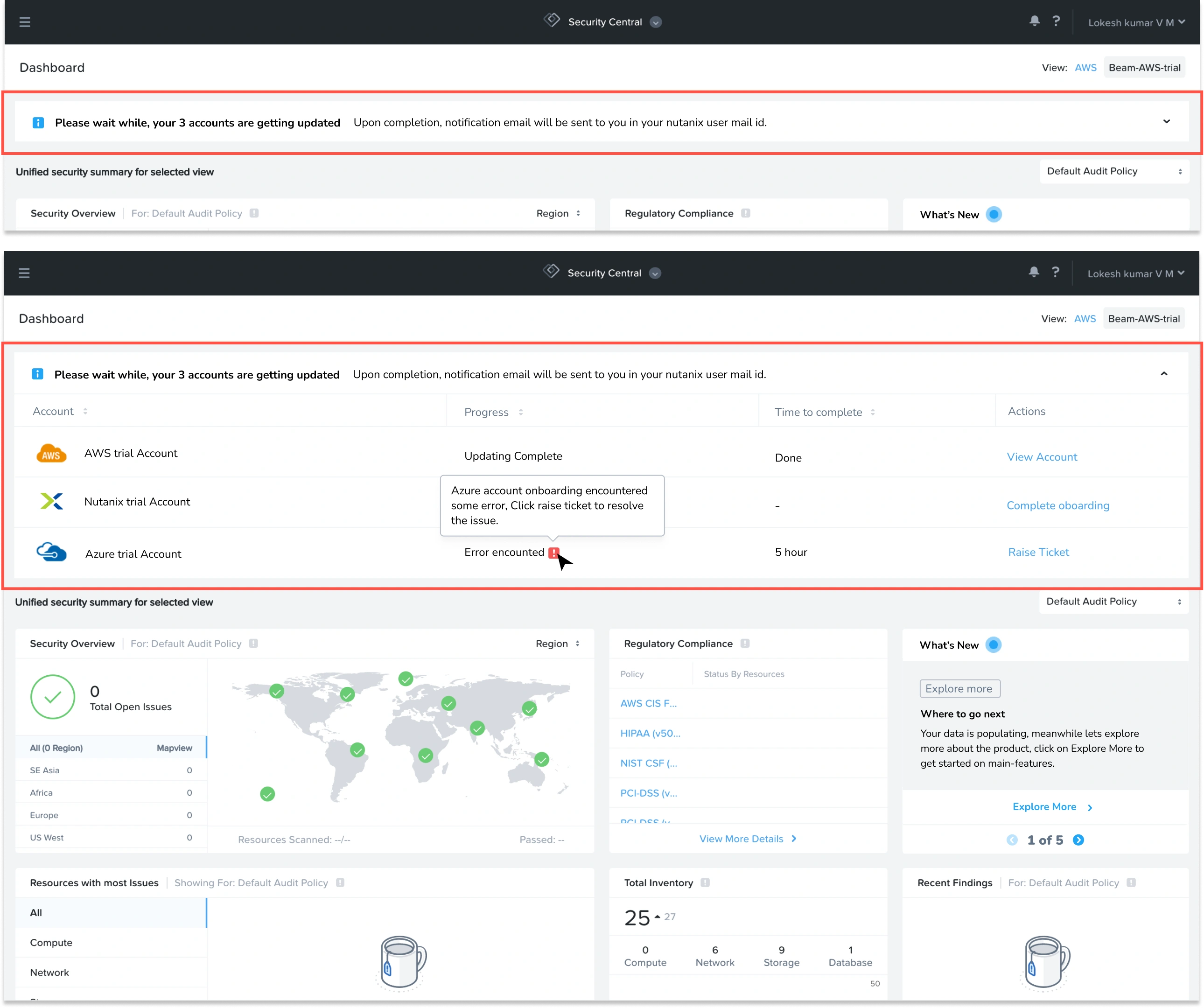 Annotated dashboard screenshot: "Please wait while your 3 accounts are getting updated" banner + AWS/Nutanix/Azure trial account status table (Updating Complete / Error encounte…