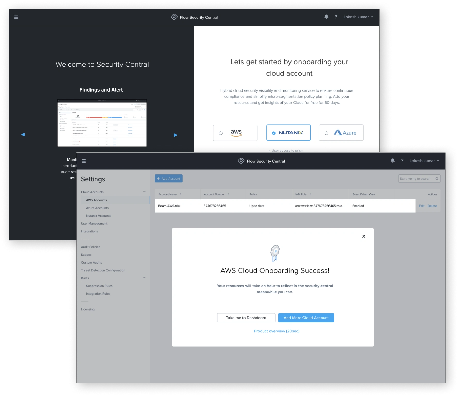 "Welcome to Security Central" onboarding + "AWS Cloud Onboarding Success!" dialog screenshots