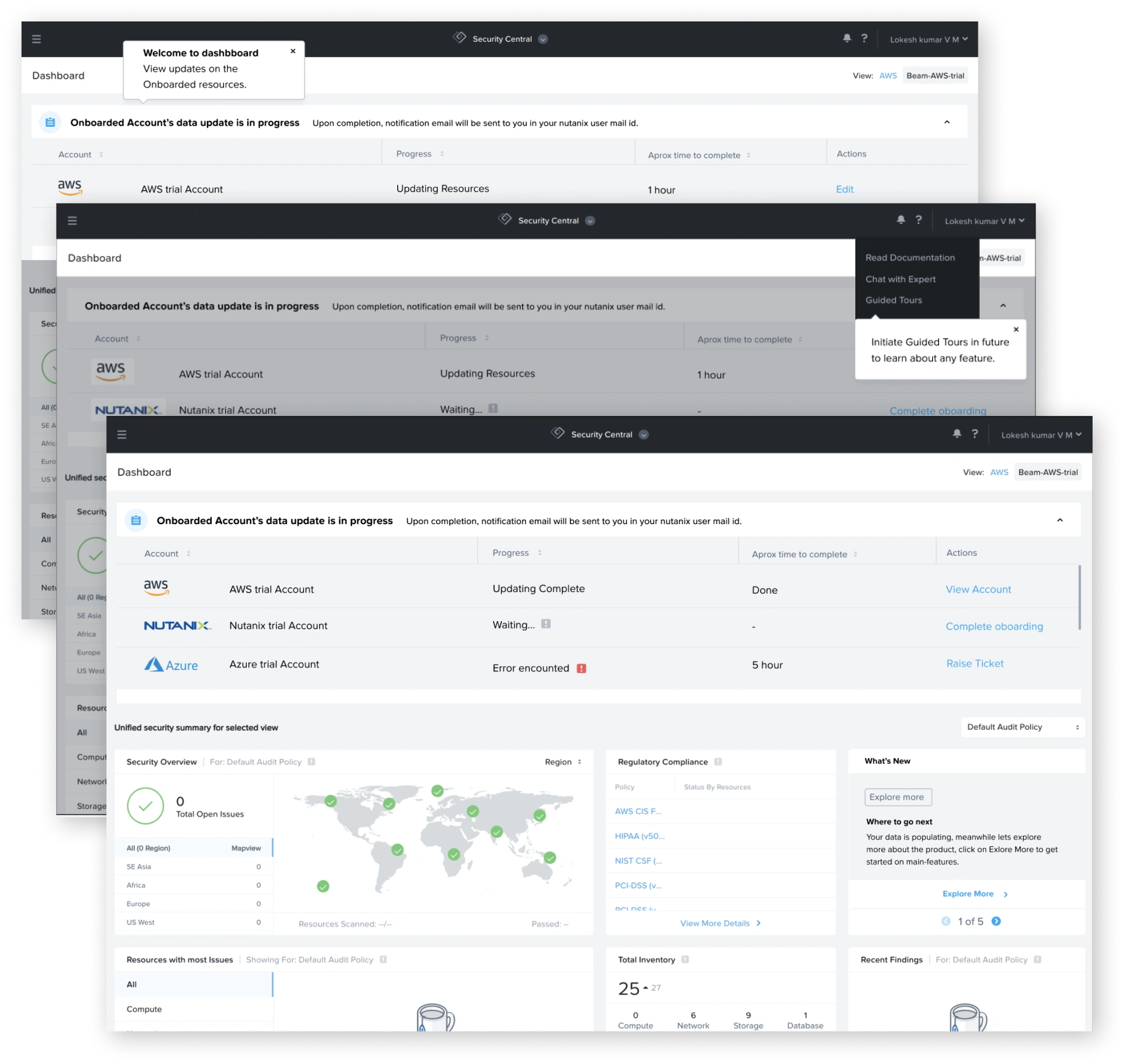 Dashboard screenshots with onboarding progress banner (updating / complete states)