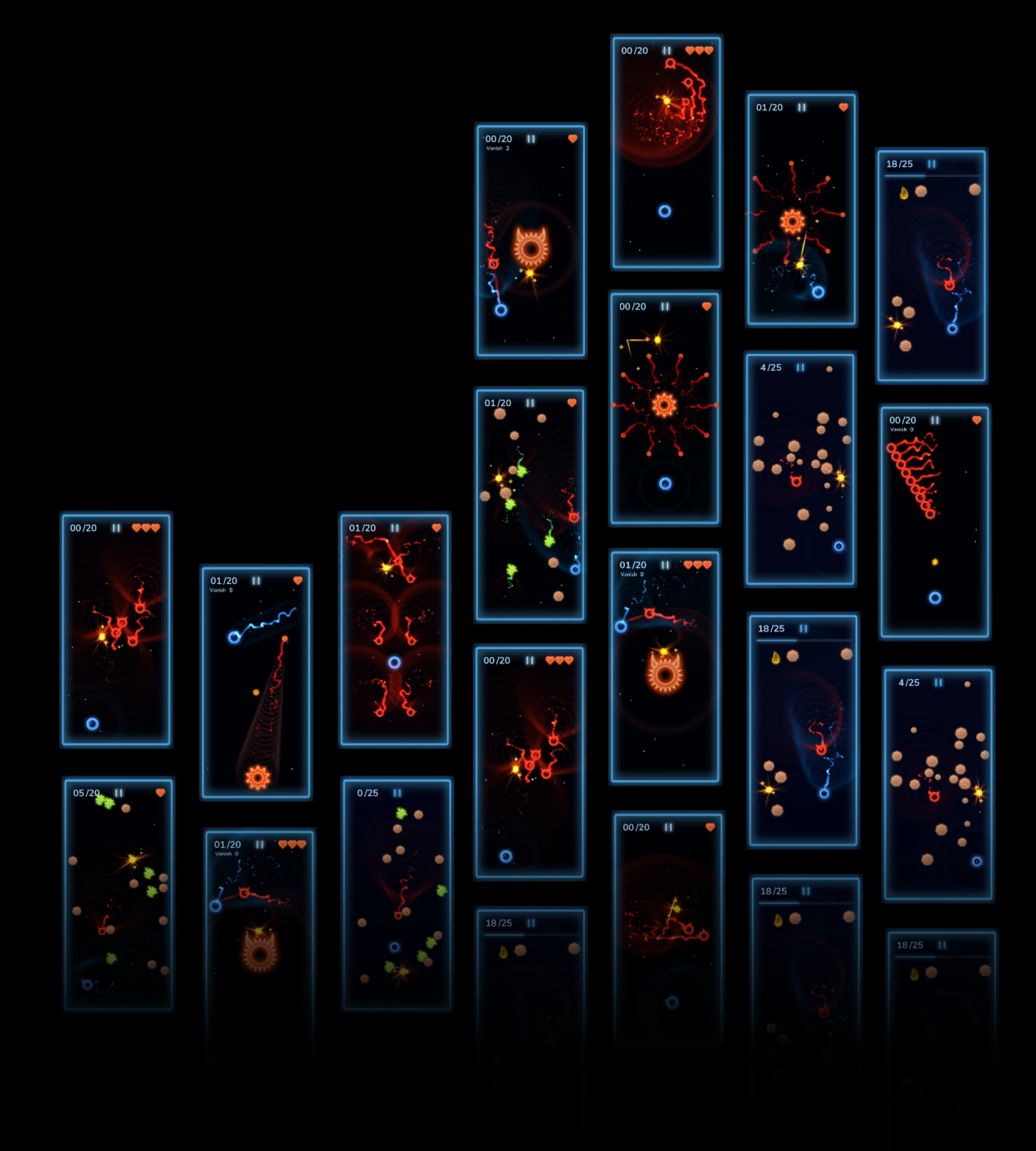 Grid of ~20 in-game level screenshots showing enemy/level variety