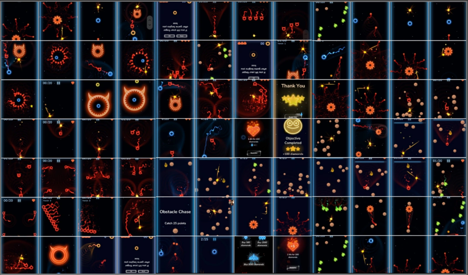 Grid of ~56 gameplay level screenshots showing level variety
