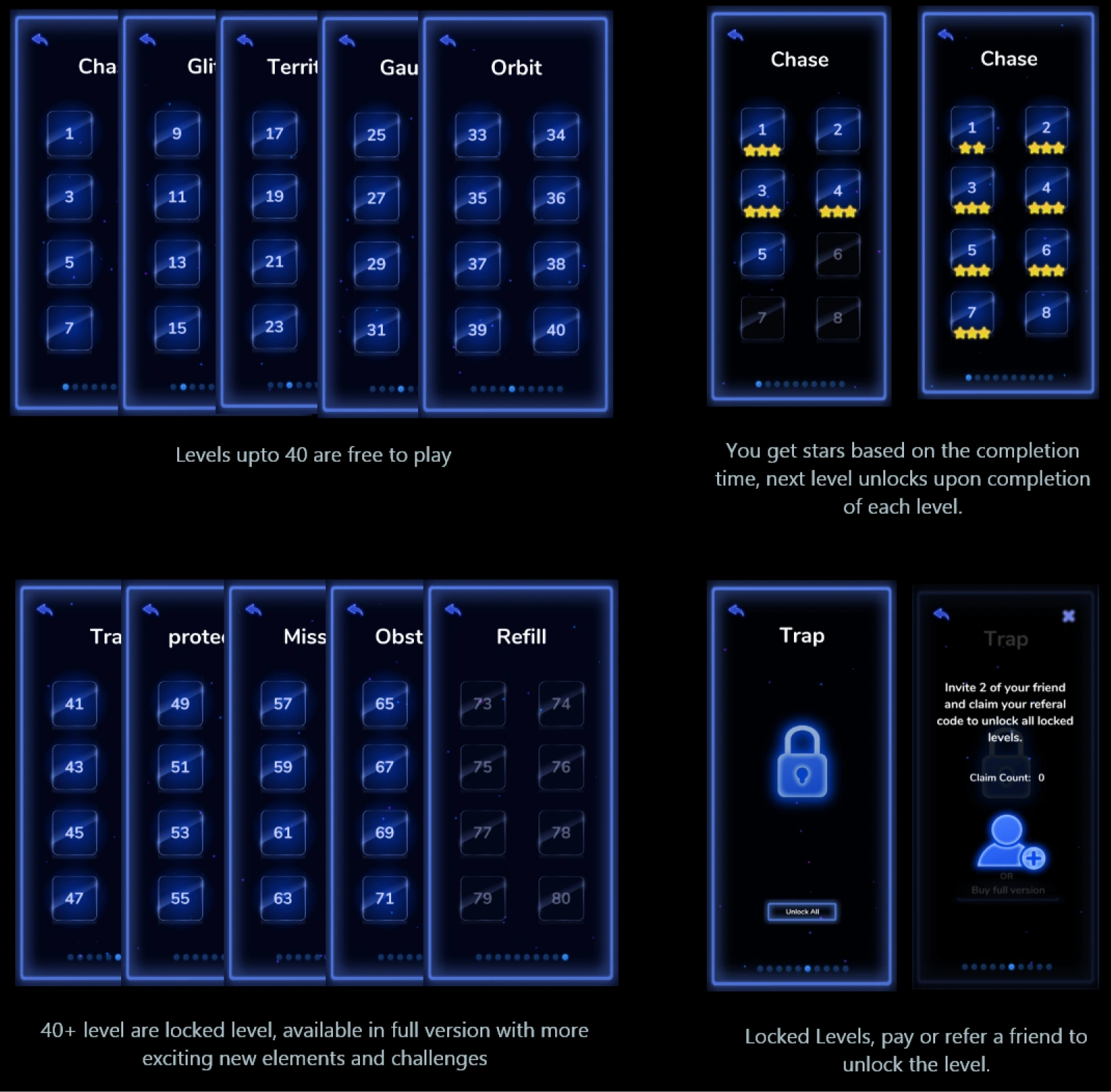Level-selector UI screens with categories and star-rating detail screen