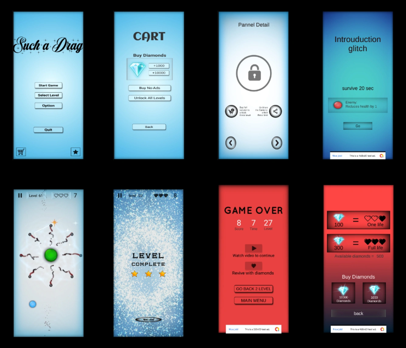 8 UI mockups, light-blue/red gradient bubble style