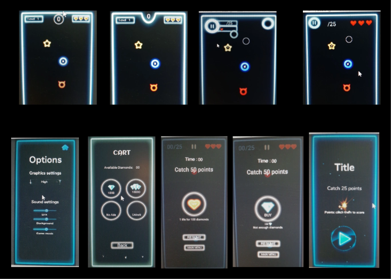 9 UI mockups with neon-outline style