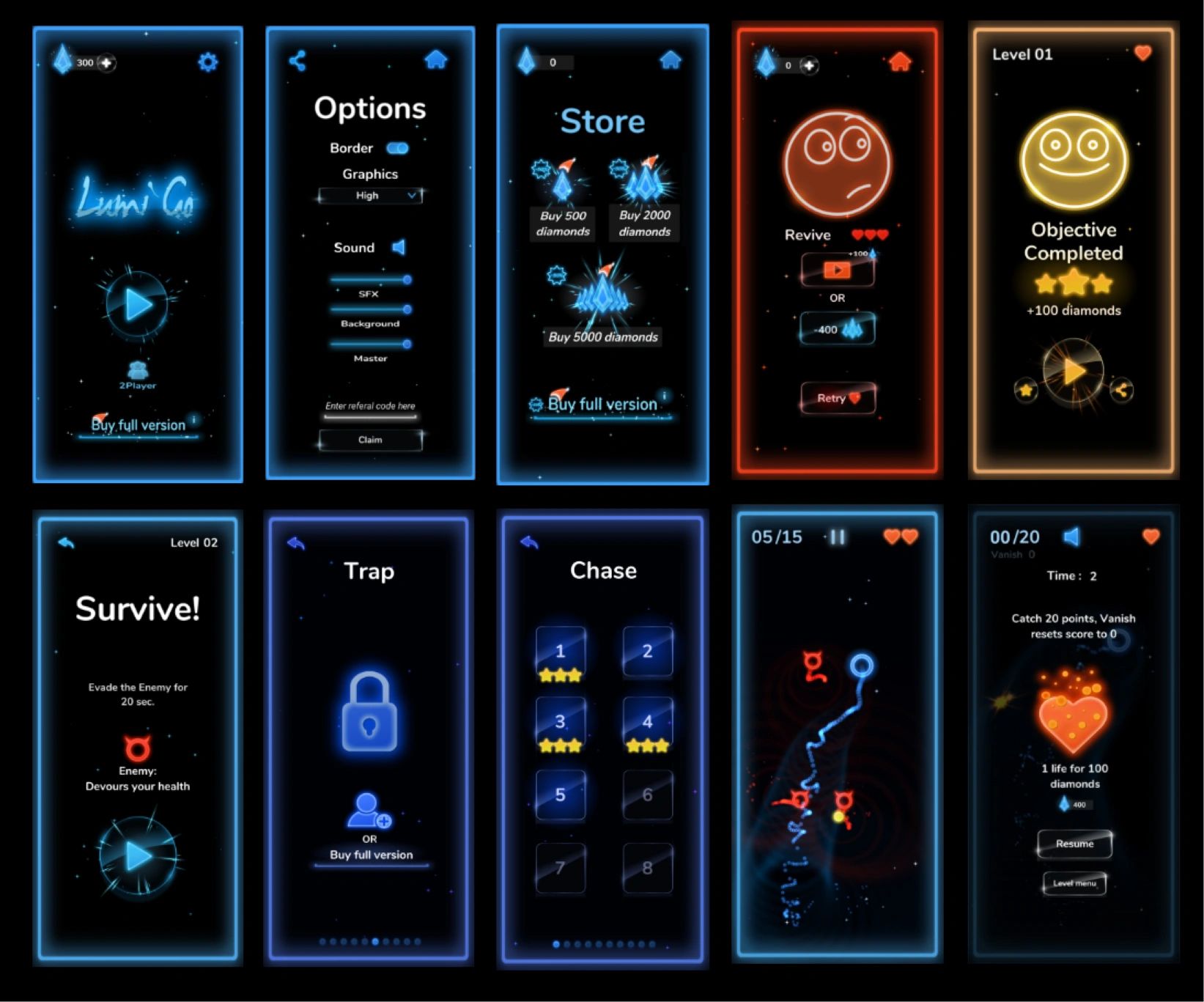 10 neon-outline UI screens after Iteration 3
