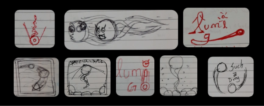8 hand-drawn pencil logo concept sketches