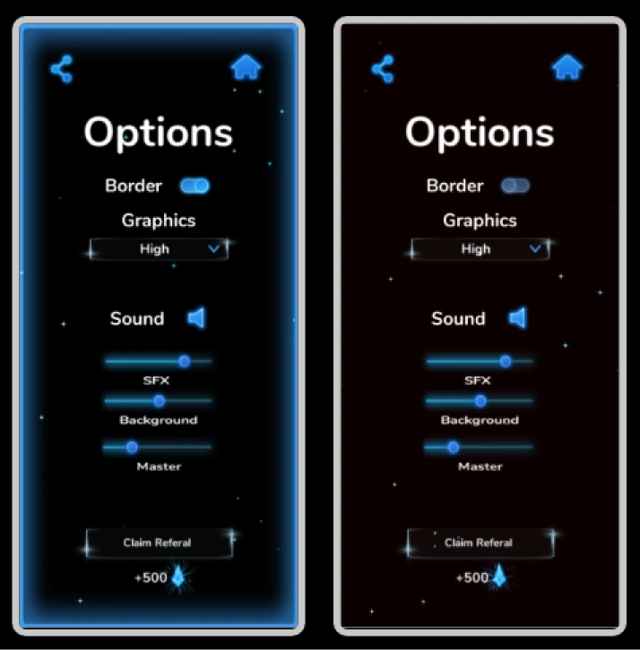 2 Options screens (with/without neon border)