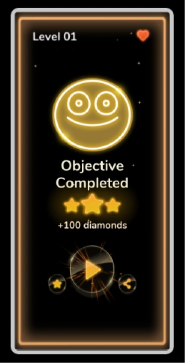 Objective Completed screen (golden, smiley, +100 diamonds)