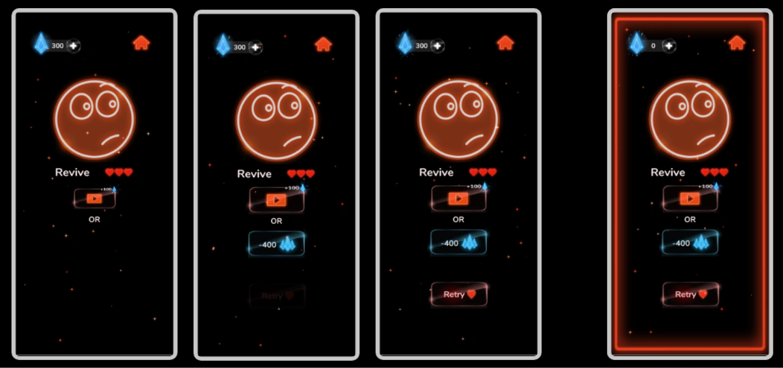 4 Revive screens (sad smiley, Revive with hearts, Retry/Home)