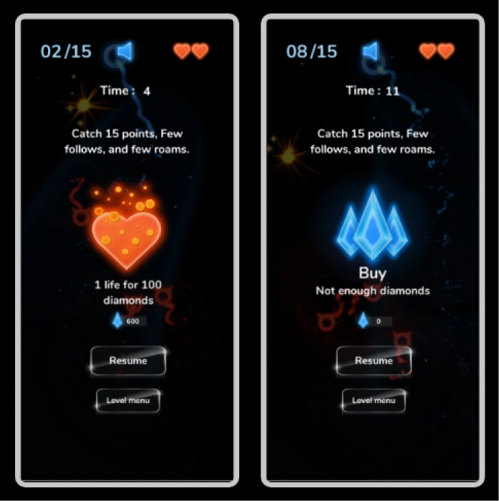 Heart-shaped refill + Buy diamonds screens