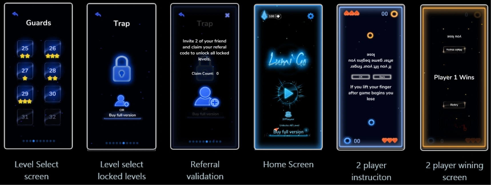 Guards level-select screen · Trap locked levels · Referral validation · Home Screen · 2-player instruction · 2-player winning screen