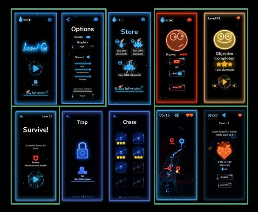 8 functional screen mockups (Home, Options, Store, Game Over, Objective Completed, Survive!, Trap, Chase)