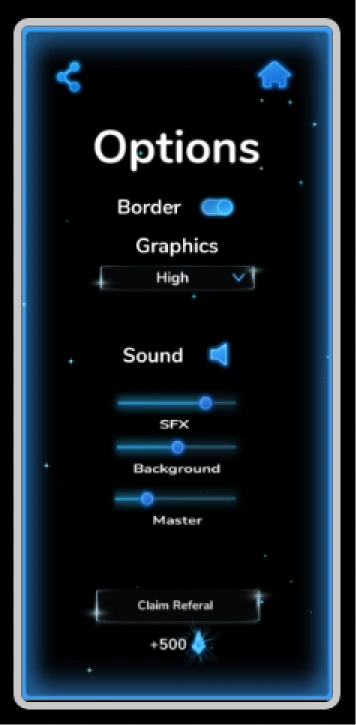 Options screen (Border toggle, Graphics, Sound/SFX/Background sliders, referral claim)