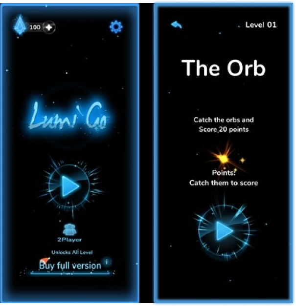 Home screen (Lumi Go) + The Orb level-intro screen