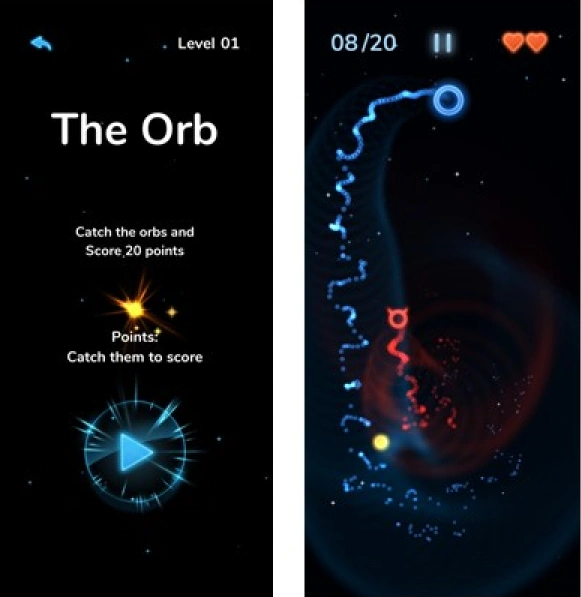 The Orb level-intro screen + gameplay screenshot