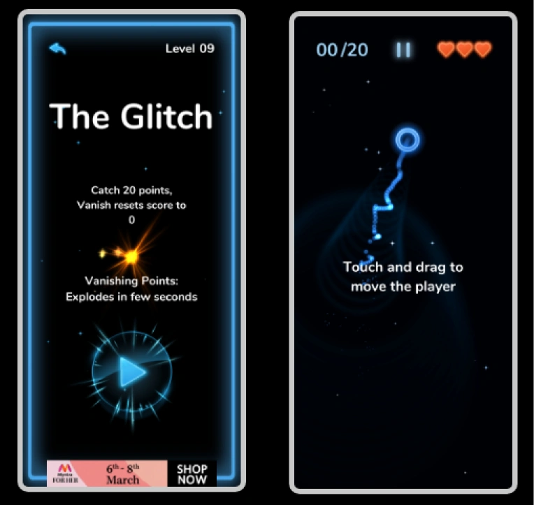 The Glitch level intro + in-game tutorial screens