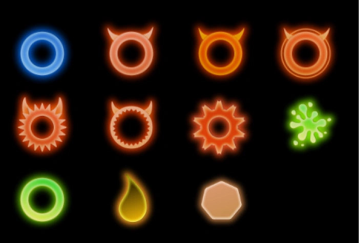 Character icon set (orange/green/yellow ring creatures)