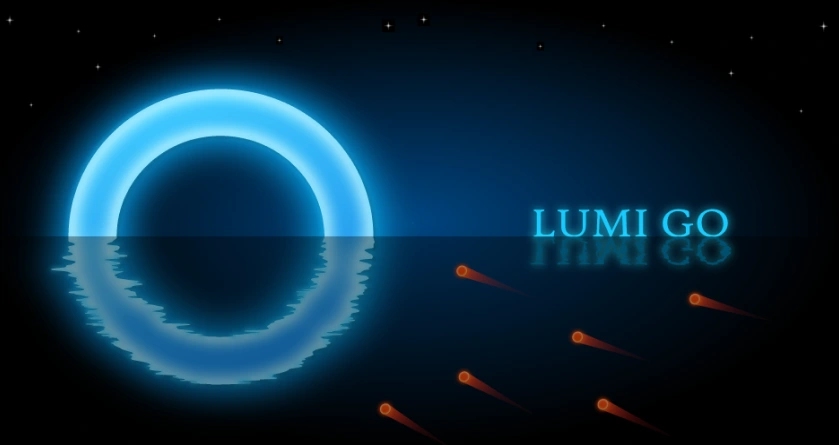 Lumi Go banner — glowing blue ring reflected in water with shooting stars